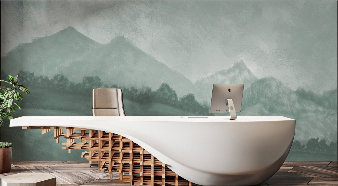 Sage green Nature Inspired Oil Painting Mountain Wall Mural in a modern office.