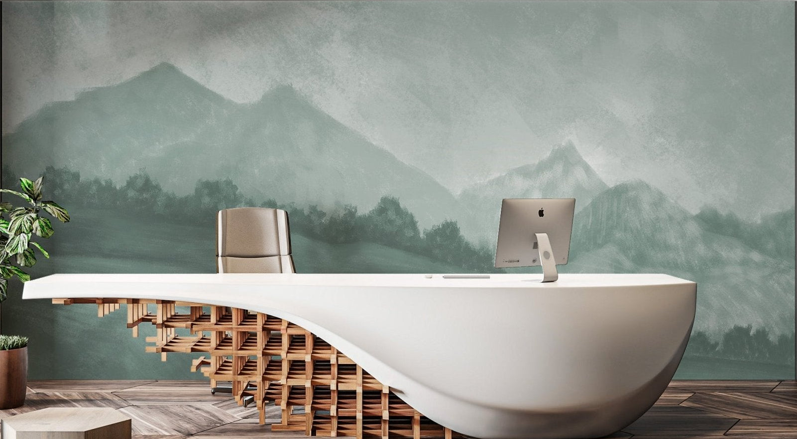 Sage green Nature Inspired Oil Painting Mountain Wall Mural in a modern office.