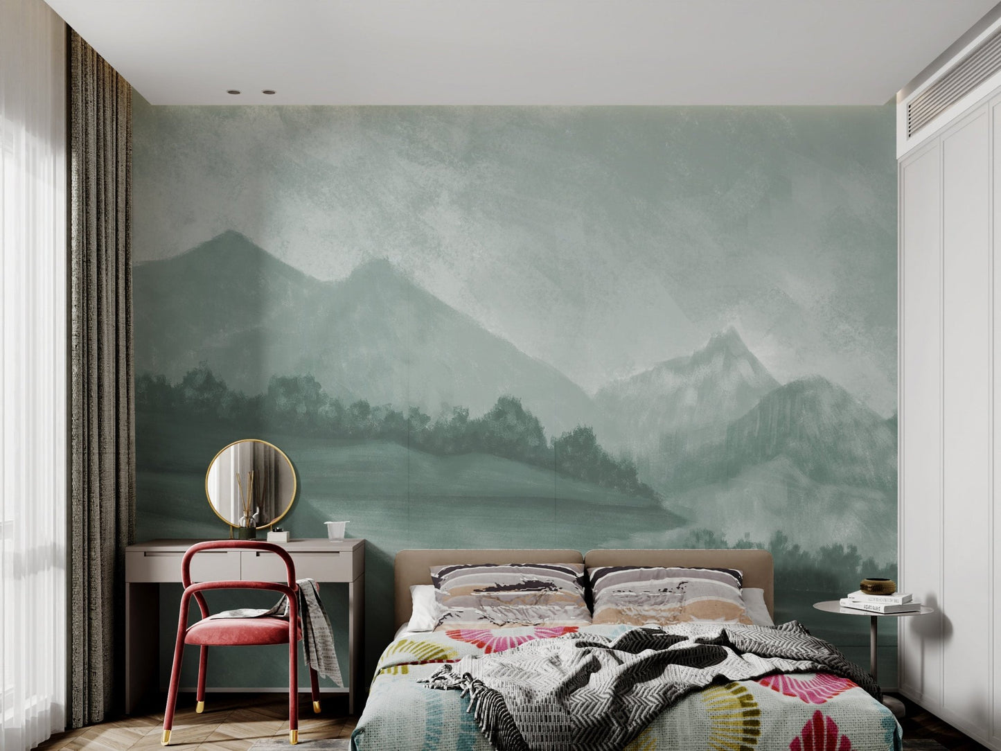 Pale green alpine landscape wall mural for a quiet room.