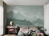 Pale green alpine landscape wall mural for a quiet room.