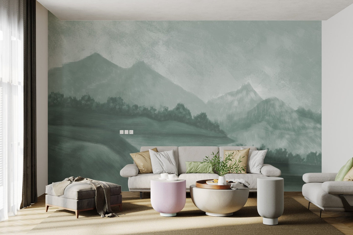 Oil painting style mountain wall mural in a contemporary living space.
