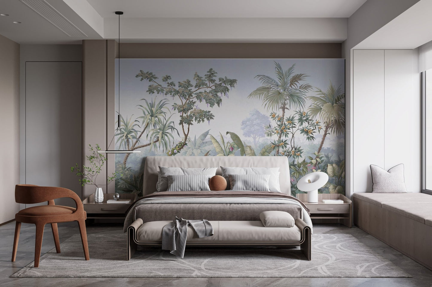 Nature Jungle Wall mural in a neutral bedroom with grey bedding.