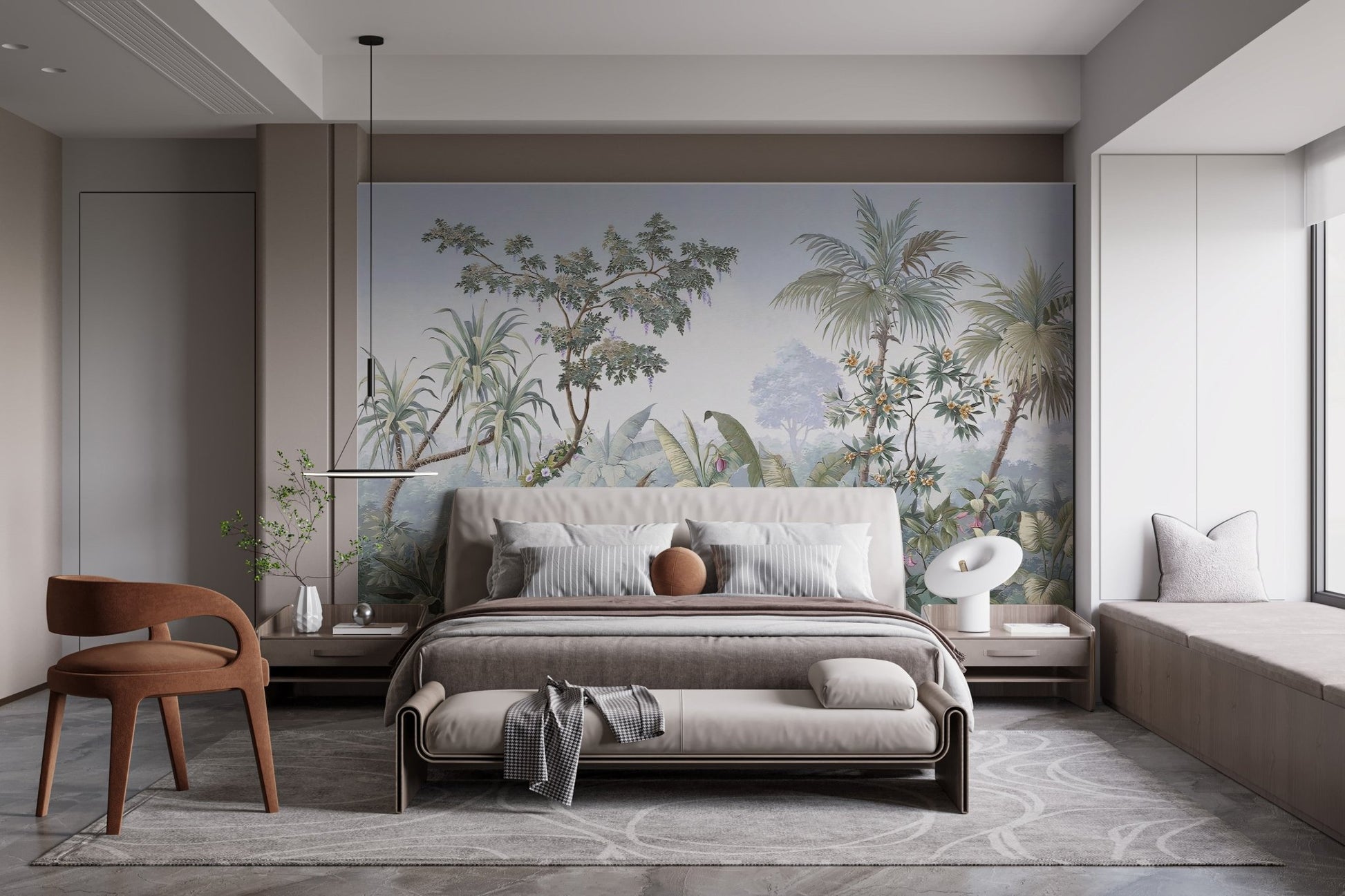 Nature Jungle Wall mural in a neutral bedroom with grey bedding.