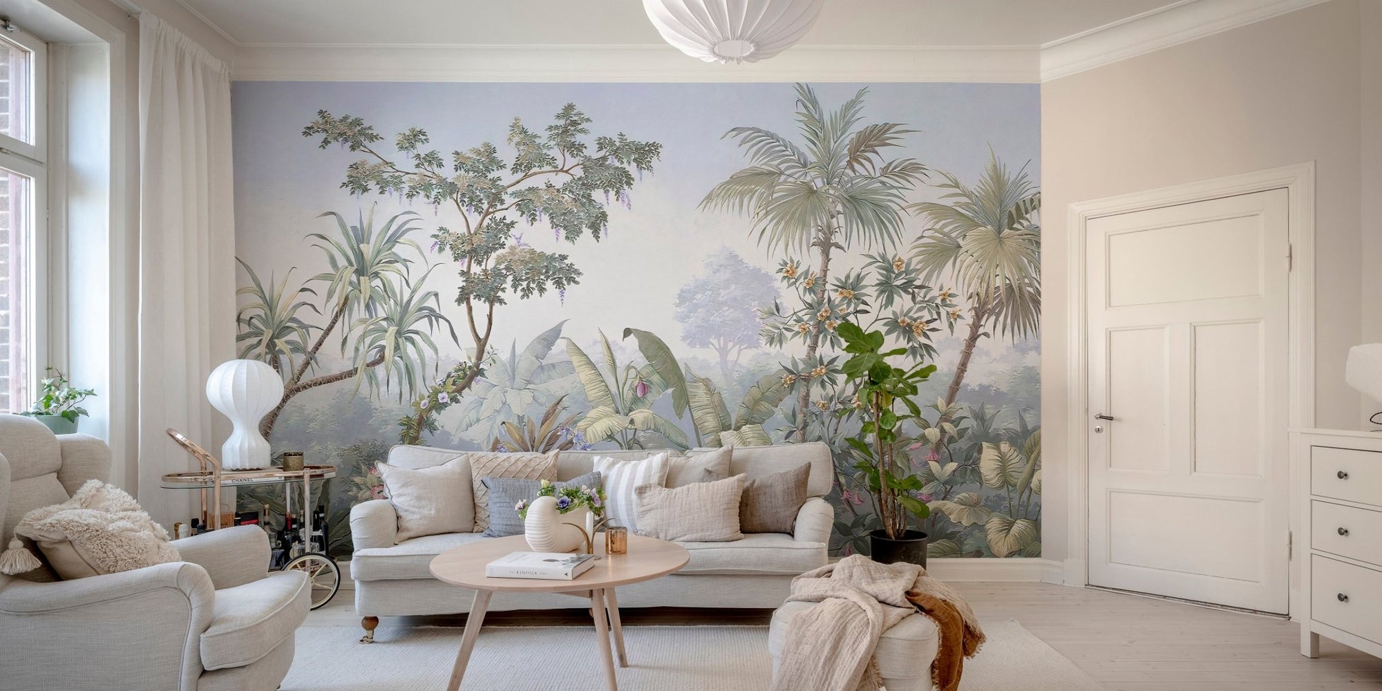 Nature Jungle Wall mural in a bright living room with a beige sofa.