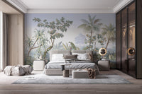 Tropical jungle wall mural in a modern bedroom with a large window.