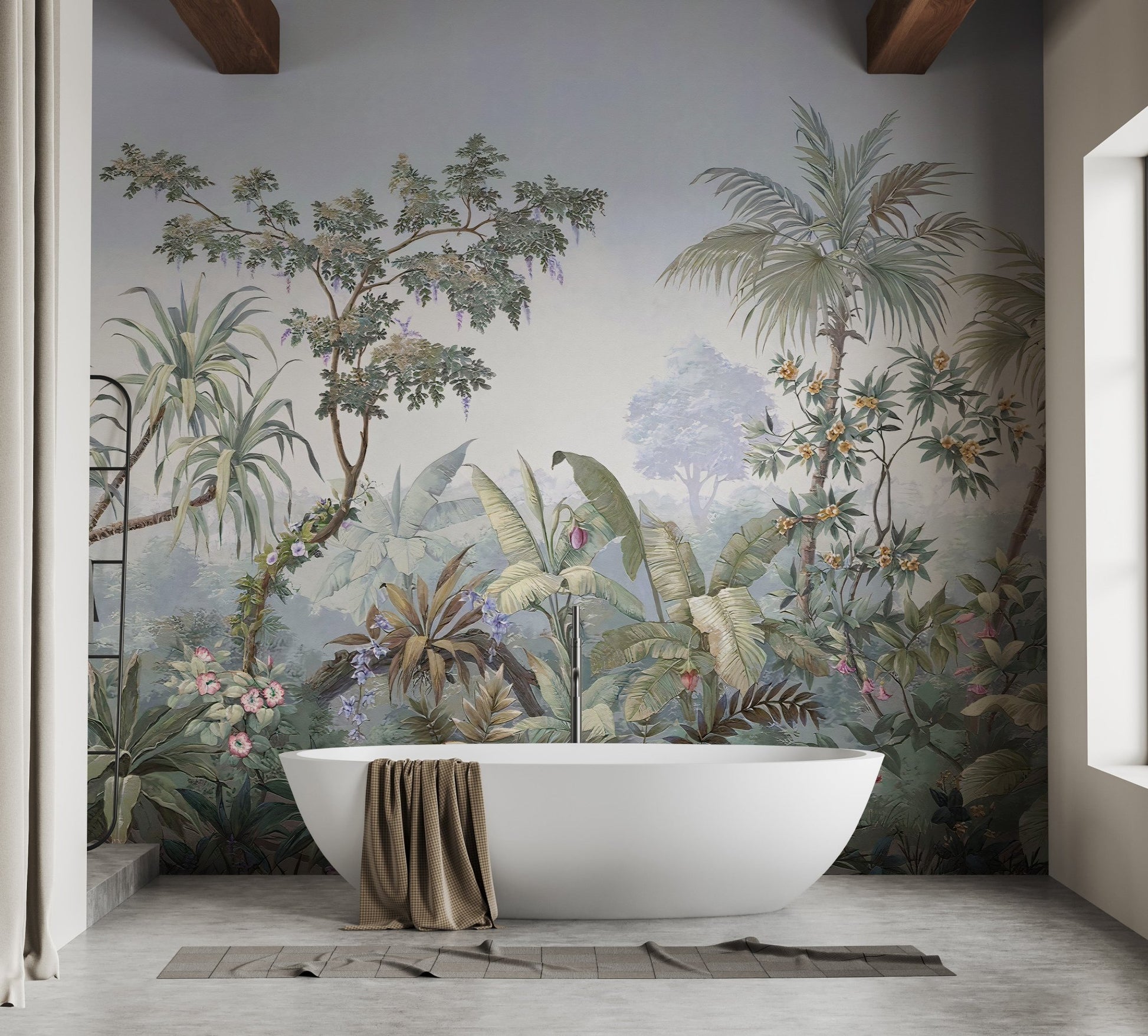 Nature Jungle Wall mural behind a white bathtub in a bathroom.