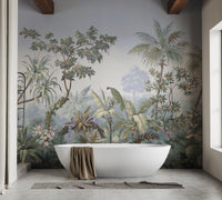 Nature Jungle Wall mural behind a white bathtub in a bathroom.