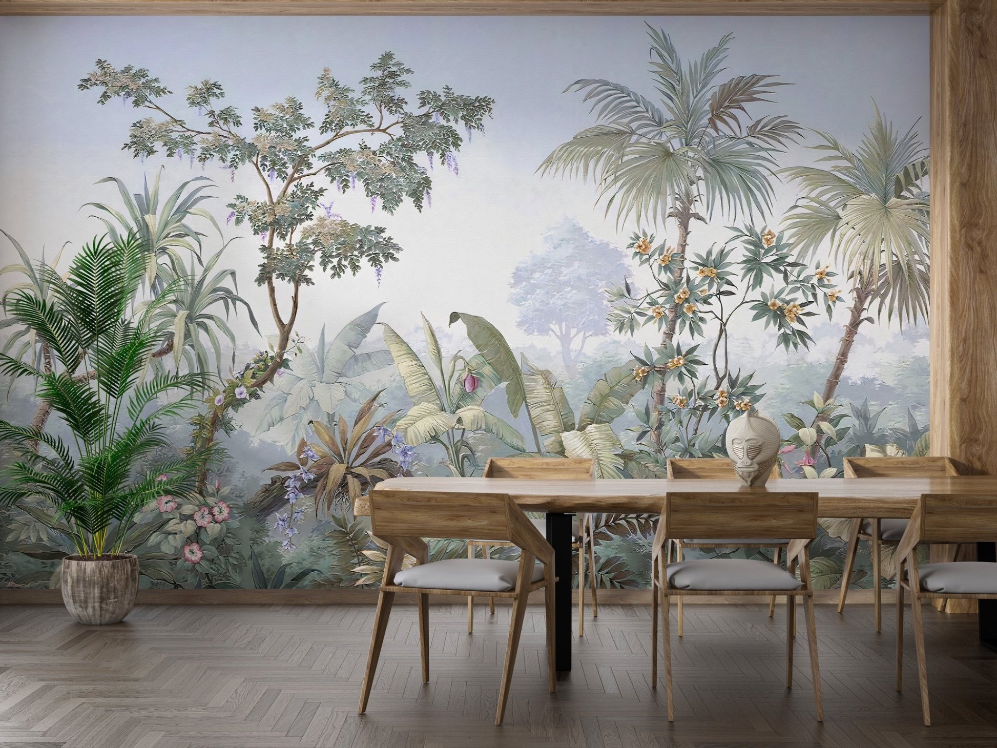 Nature Jungle Wall mural in a dining room with wooden chairs.
