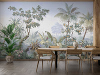 Nature Jungle Wall mural in a dining room with wooden chairs.