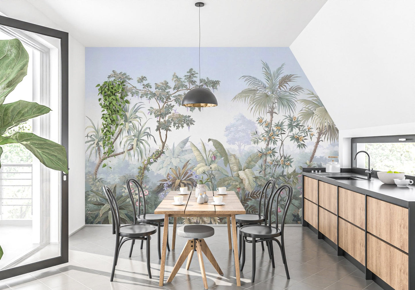Botanical nature wall mural in a minimalist dining area with wooden furniture.