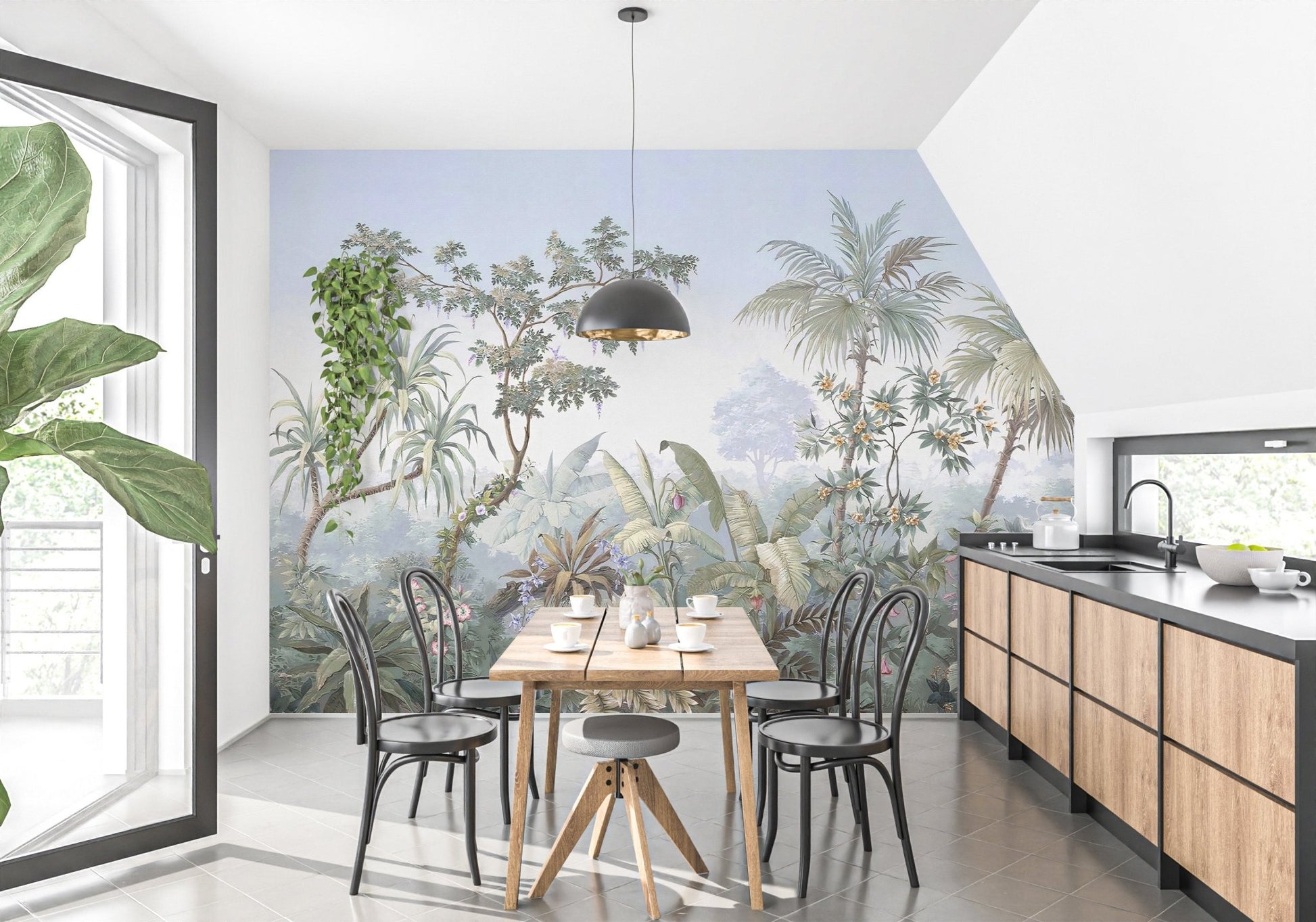 Botanical nature wall mural in a minimalist dining area with wooden furniture.