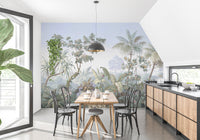Botanical nature wall mural in a minimalist dining area with wooden furniture.