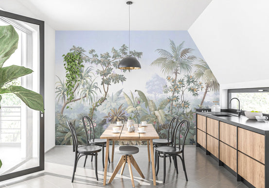 Botanical nature wall mural in a minimalist dining area with wooden furniture.