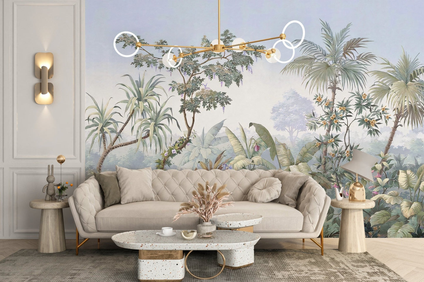 Nature Jungle Wall mural in a luxury living room with gold lighting.