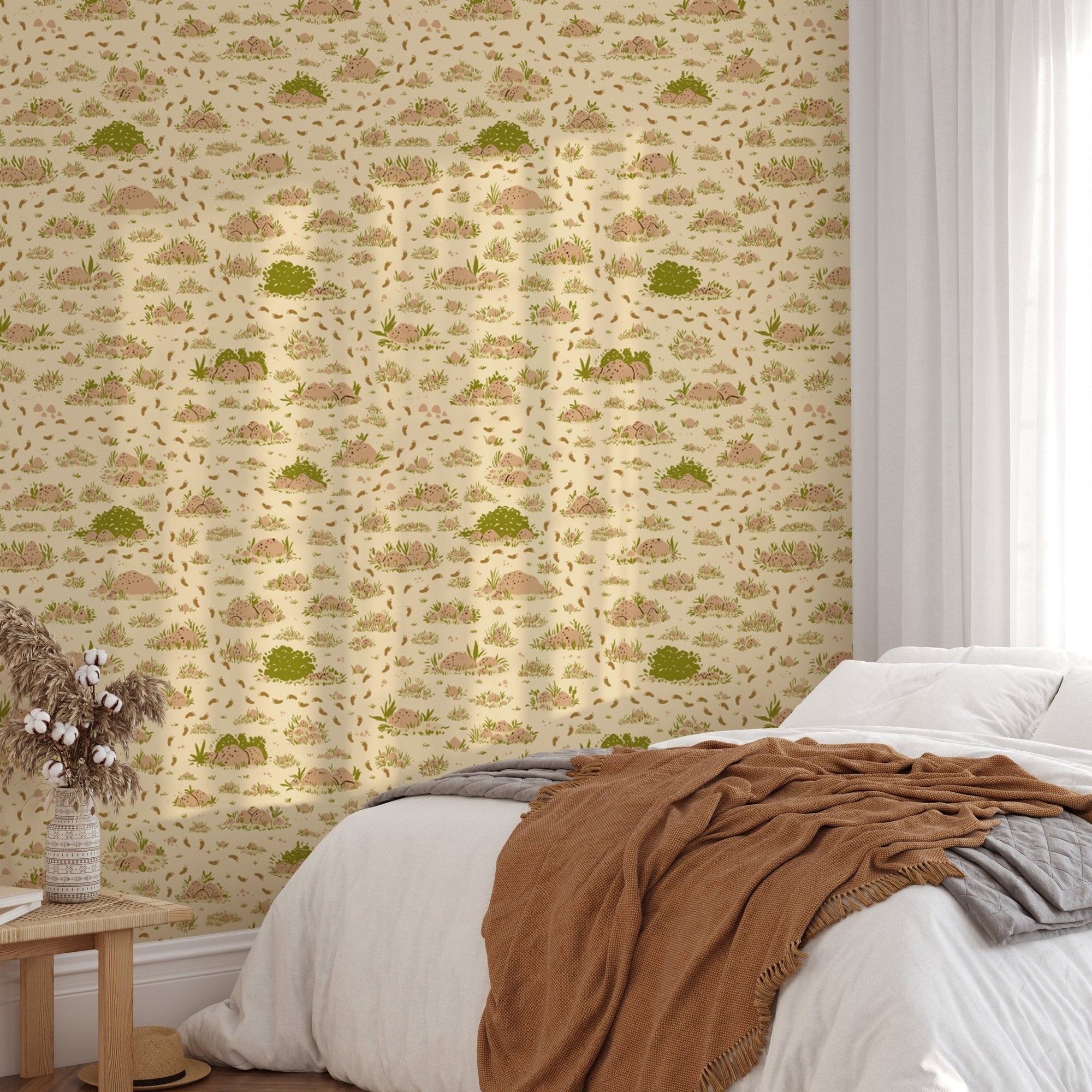 Minimalist nature walk brown wallpaper in olive and tan hues.