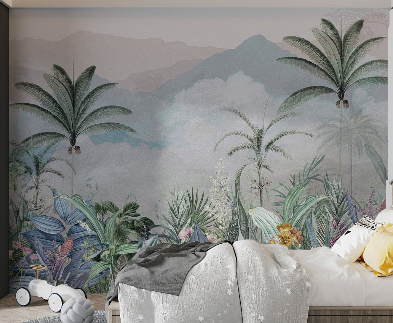 Nature wall mural with misty mountains and tropical palms in kids bedroom.