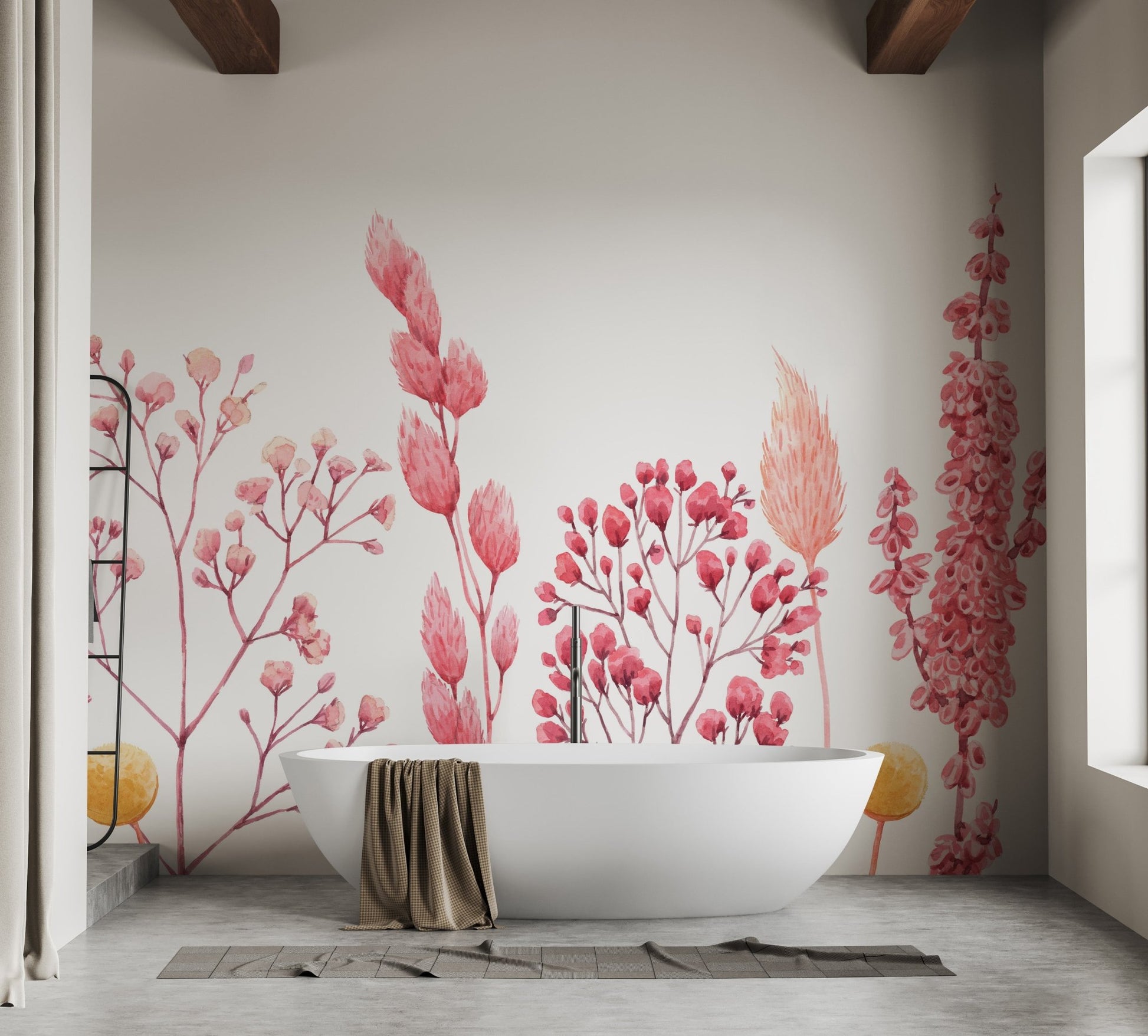 Pink dried wildflower wall mural behind a white bathtub in a modern bathroom.