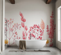 Pink dried wildflower wall mural behind a white bathtub in a modern bathroom.