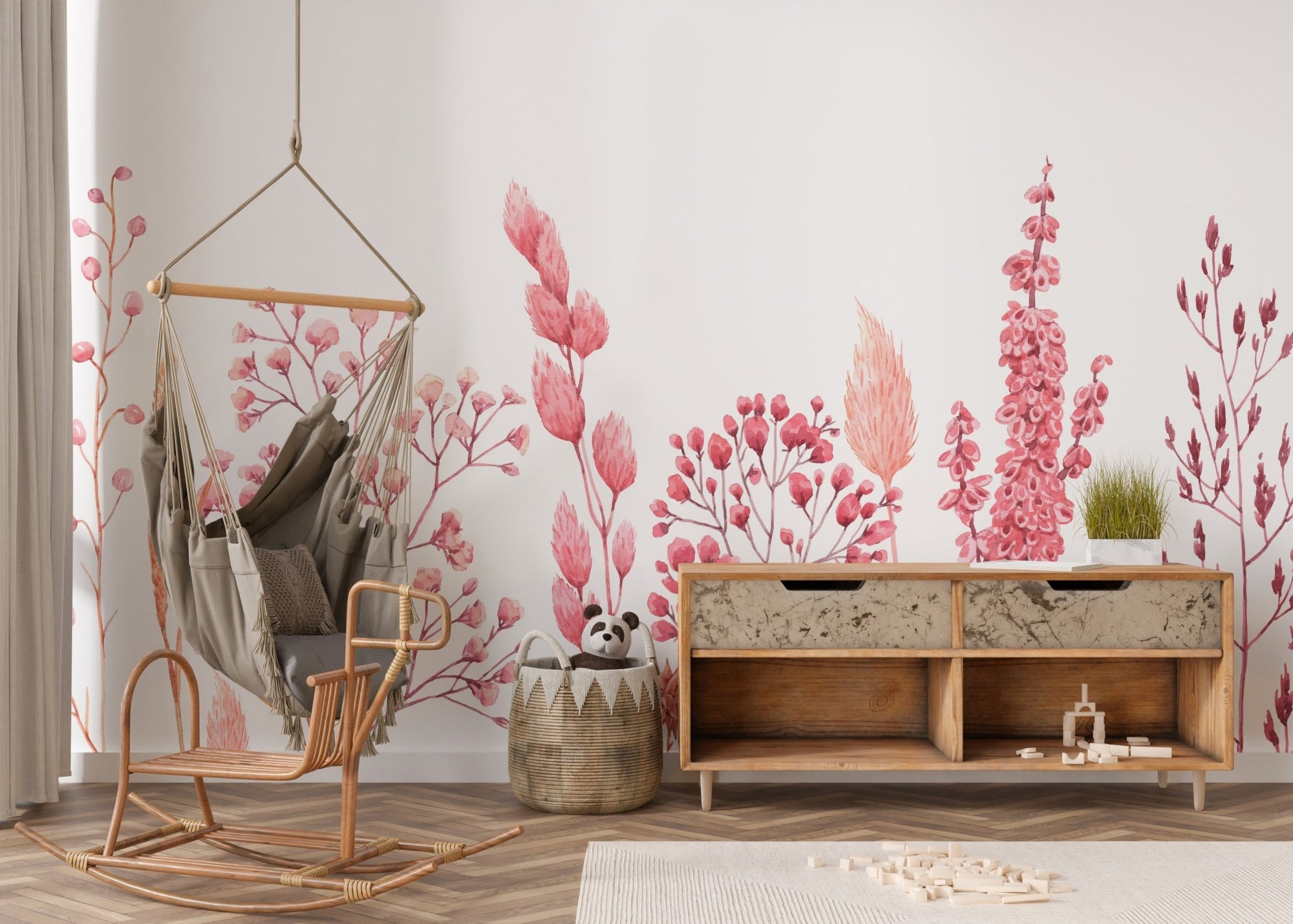 Natures Canvas Dried Flower Wall Mural in a nursery with a wooden rocking chair.
