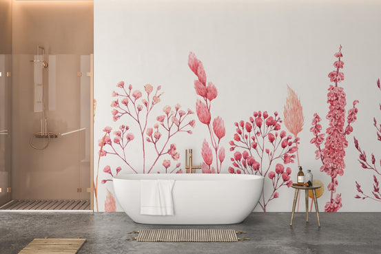 Pink wildflower wall mural in a bathroom with a freestanding tub.