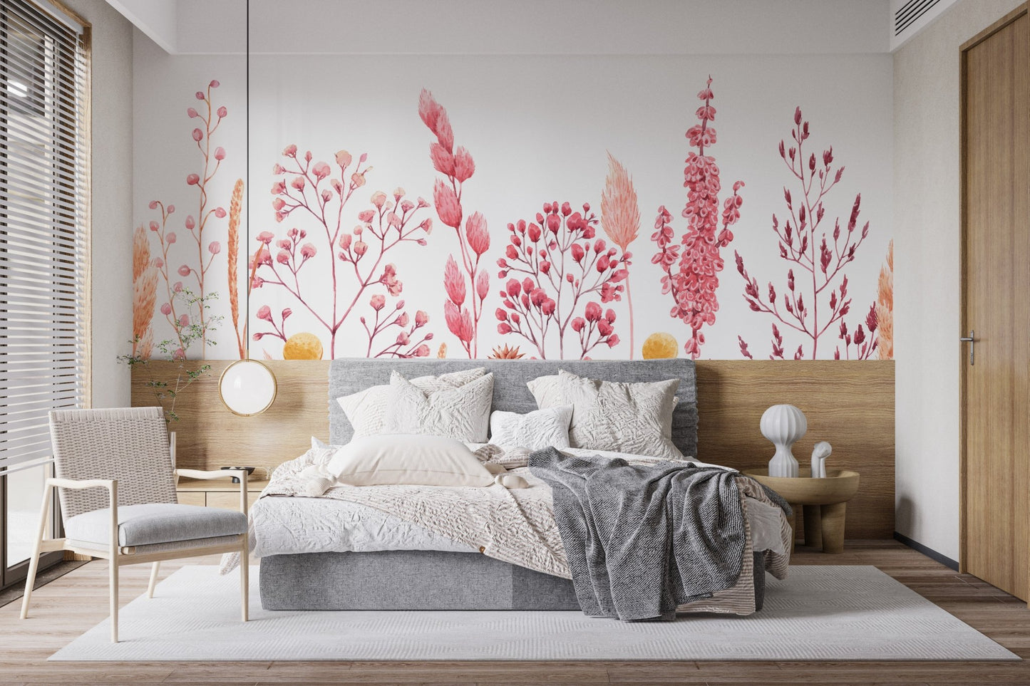 Modern bedroom with Natures Canvas Dried Flower Wall Mural behind a grey bed.