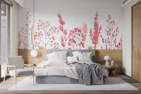 Modern bedroom with Natures Canvas Dried Flower Wall Mural behind a grey bed.