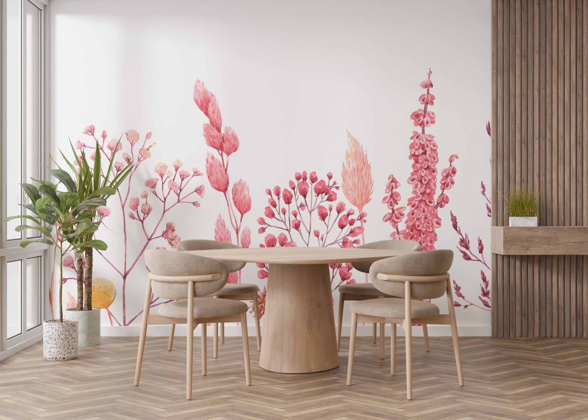 Minimalist dining room featuring Natures Canvas floral wall mural and a round table.