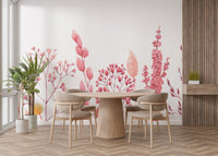 Minimalist dining room featuring Natures Canvas floral wall mural and a round table.
