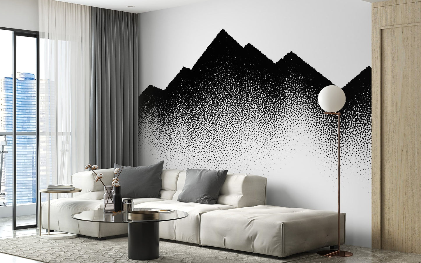 Nature's Dotted Tapestry Wall Murals on a grey feature wall in a minimalist lounge.
