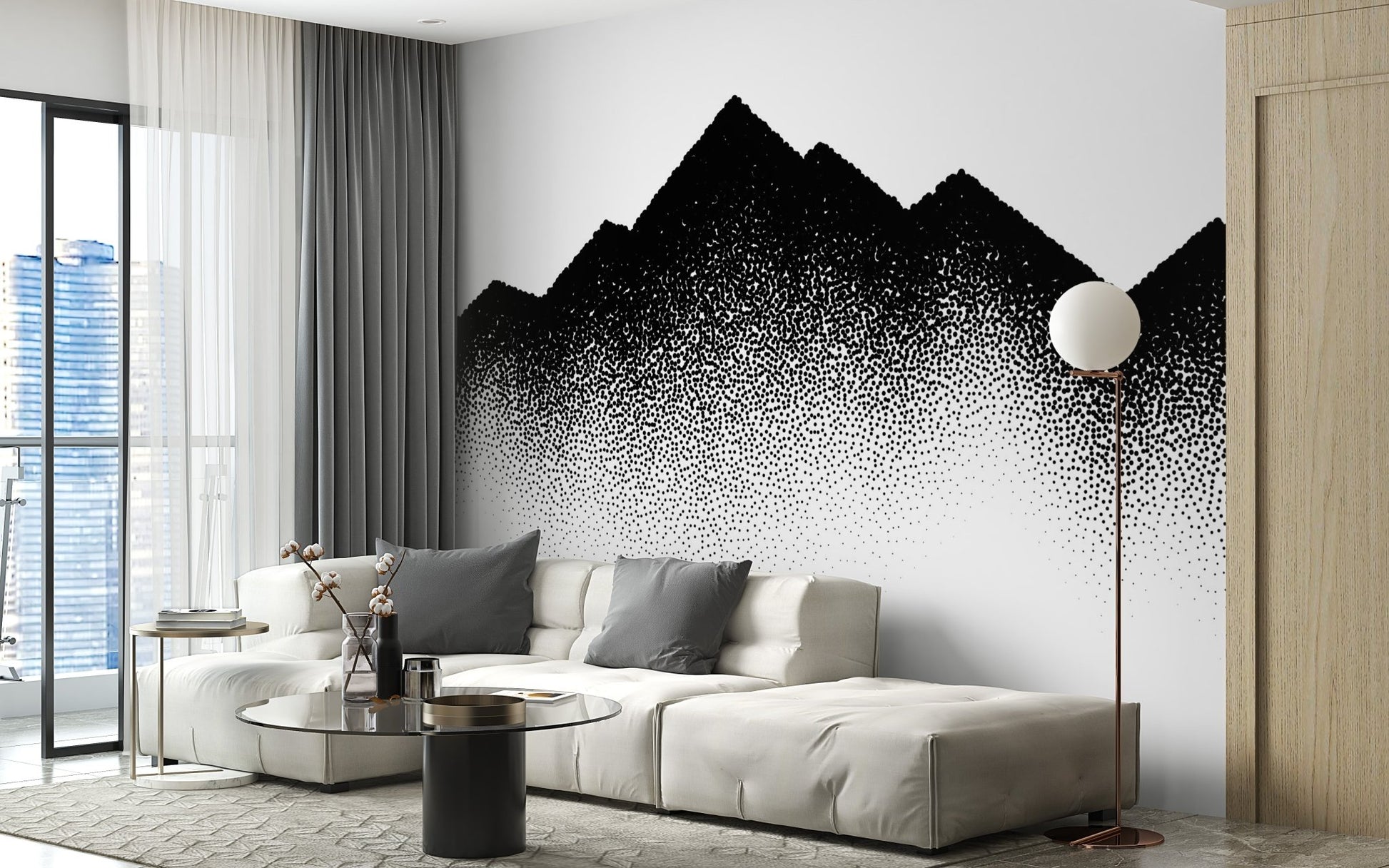 Nature's Dotted Tapestry Wall Murals on a grey feature wall in a minimalist lounge.