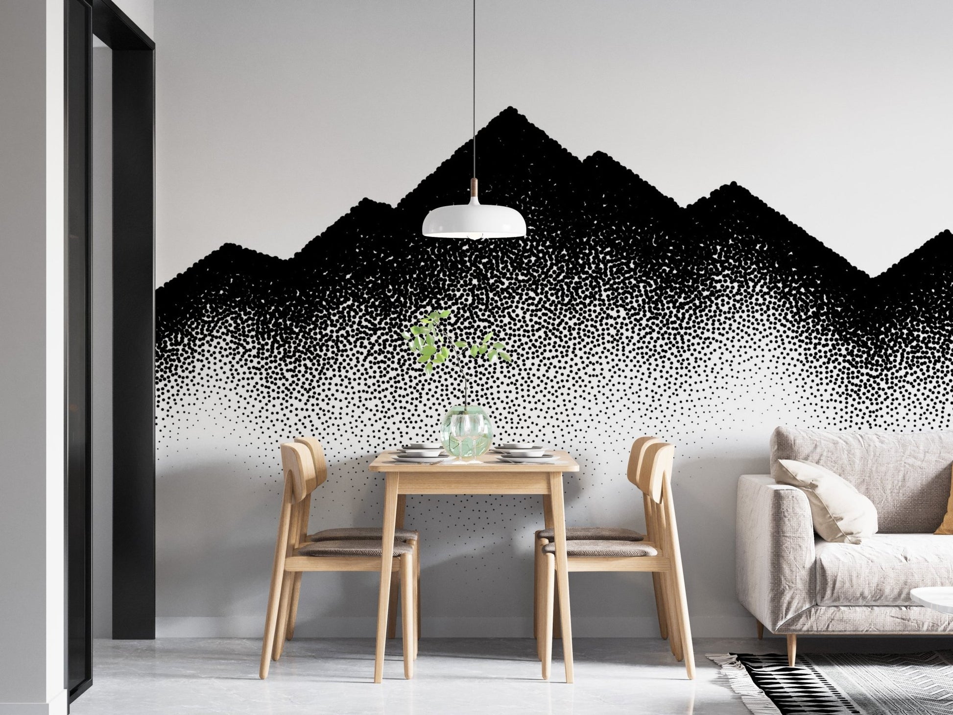 Abstract dotted landscape wall mural in a dining area with wooden furniture.