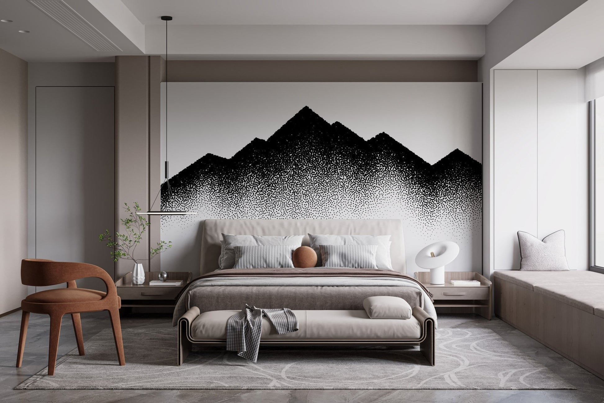 Nature's Dotted Tapestry Wall Murals behind a platform bed in a sleek bedroom.