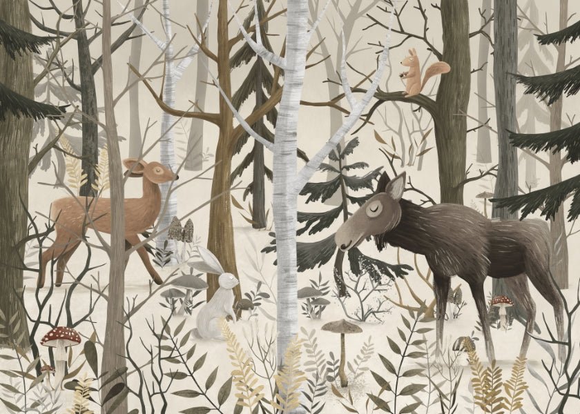 Nature's harmony wall mural with woodland animals wallpaper.