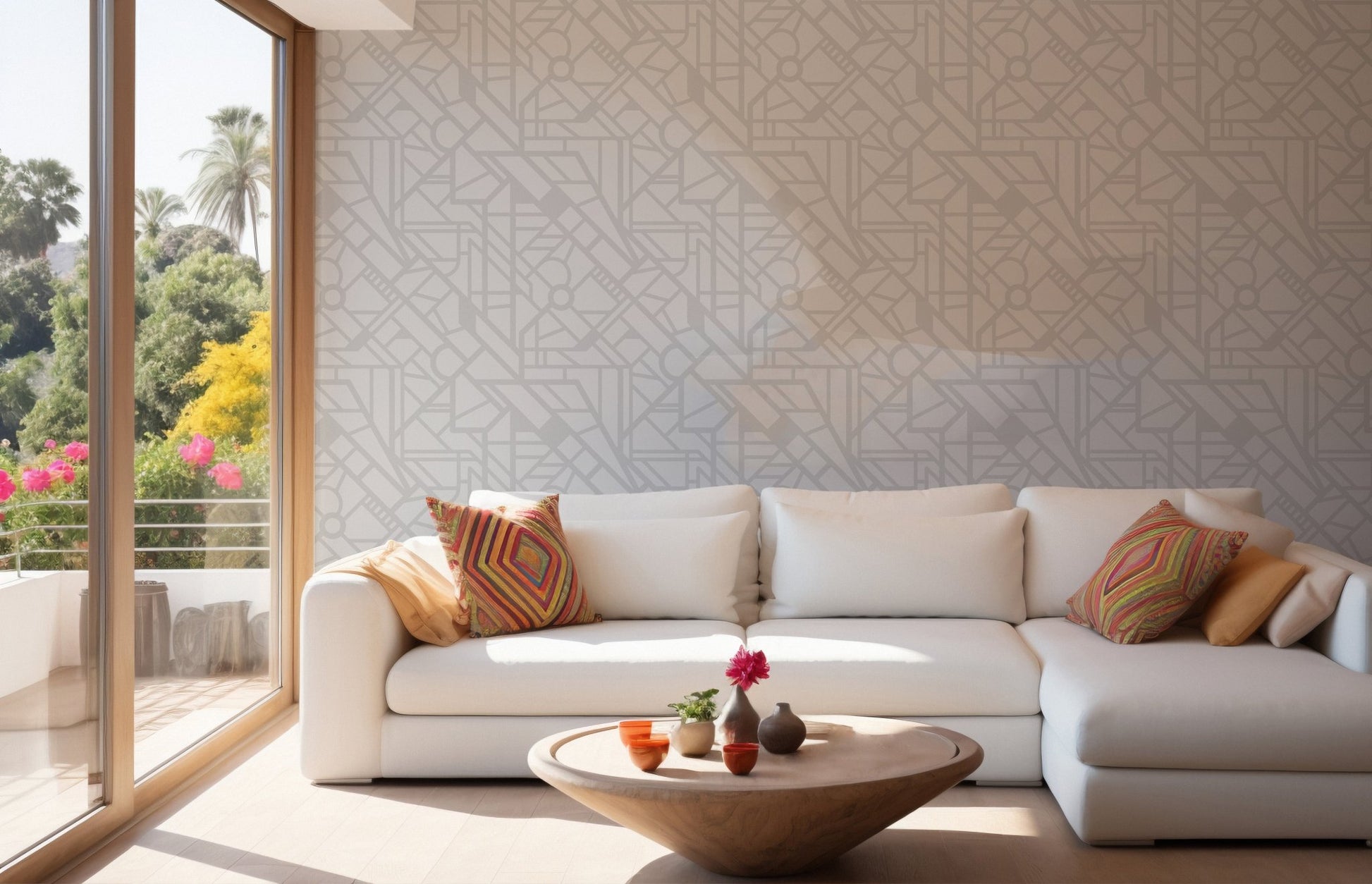 Navigating the Cityscape Wallpaper in a sunlit living room with white seating.