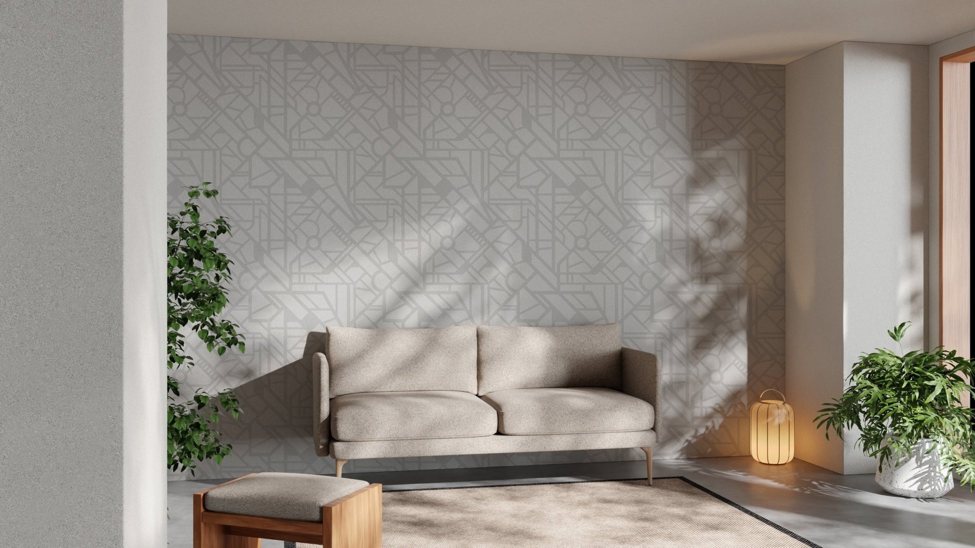 Neutral tone cityscape wallpaper in a living area with a tan leather couch.
