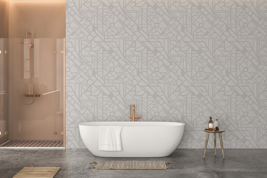 Navigating the Cityscape Wallpaper in a bathroom with a white bathtub.