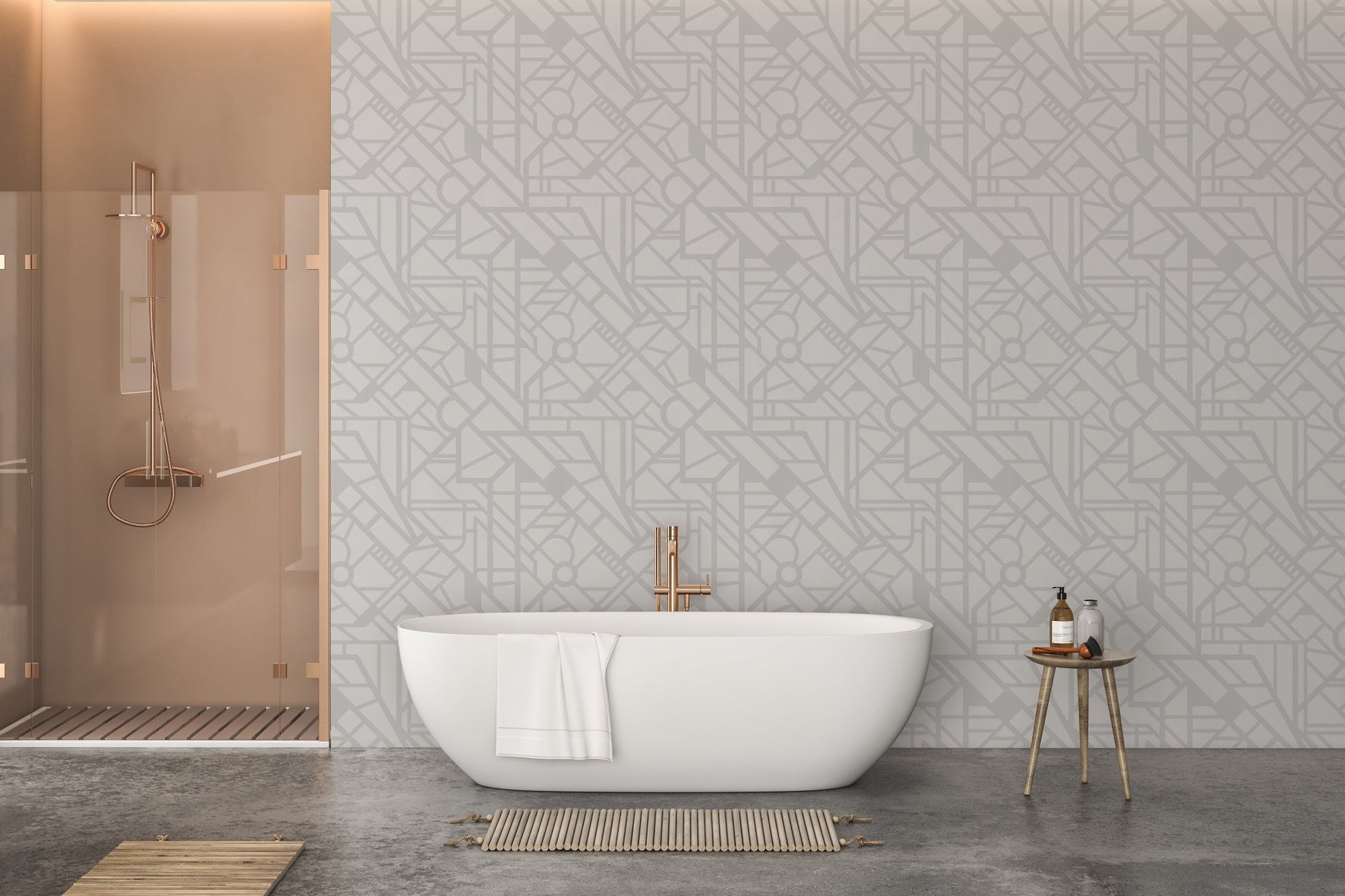 Navigating the Cityscape Wallpaper in a bathroom with a white bathtub.