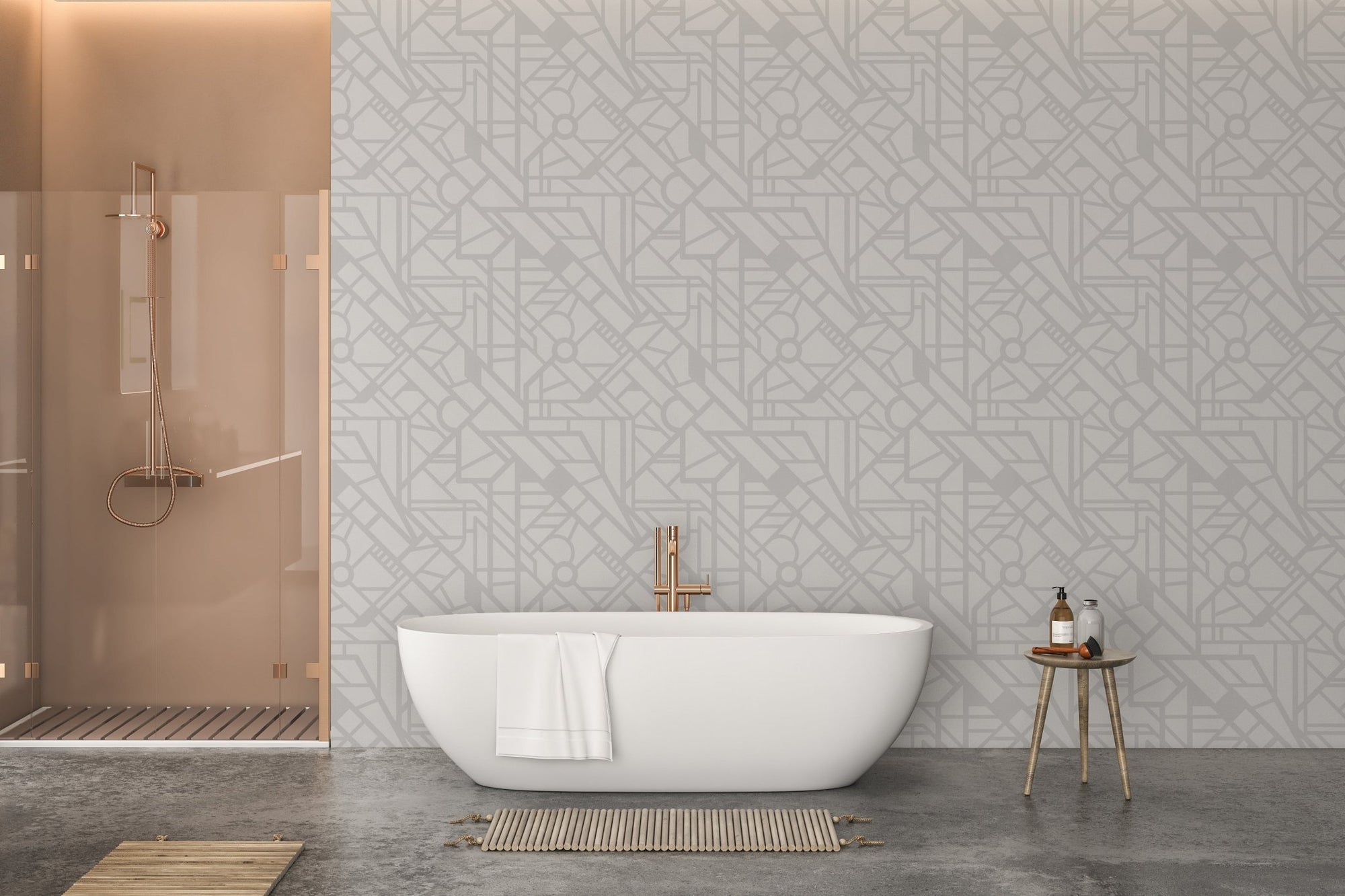 Navigating the Cityscape Wallpaper in a bathroom with a white bathtub.