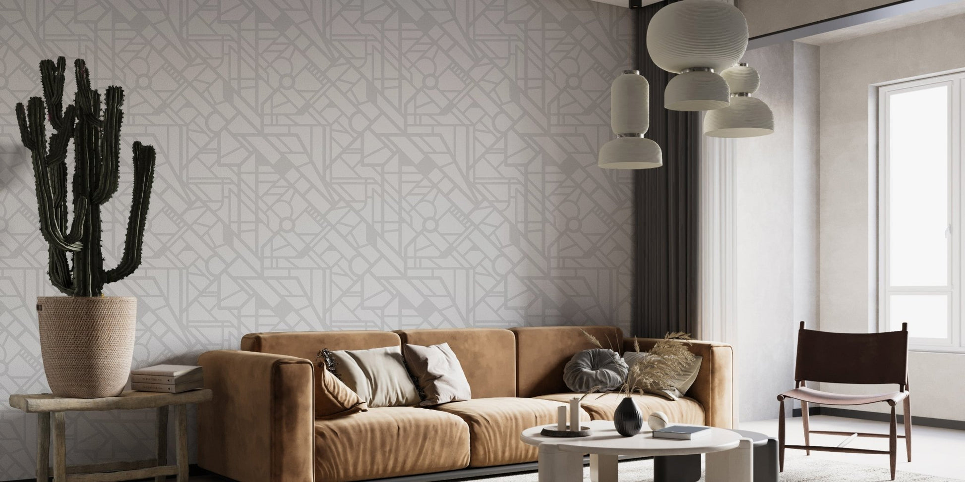 Navigating the Cityscape Wallpaper in a living room with a brown sofa and cactus.


