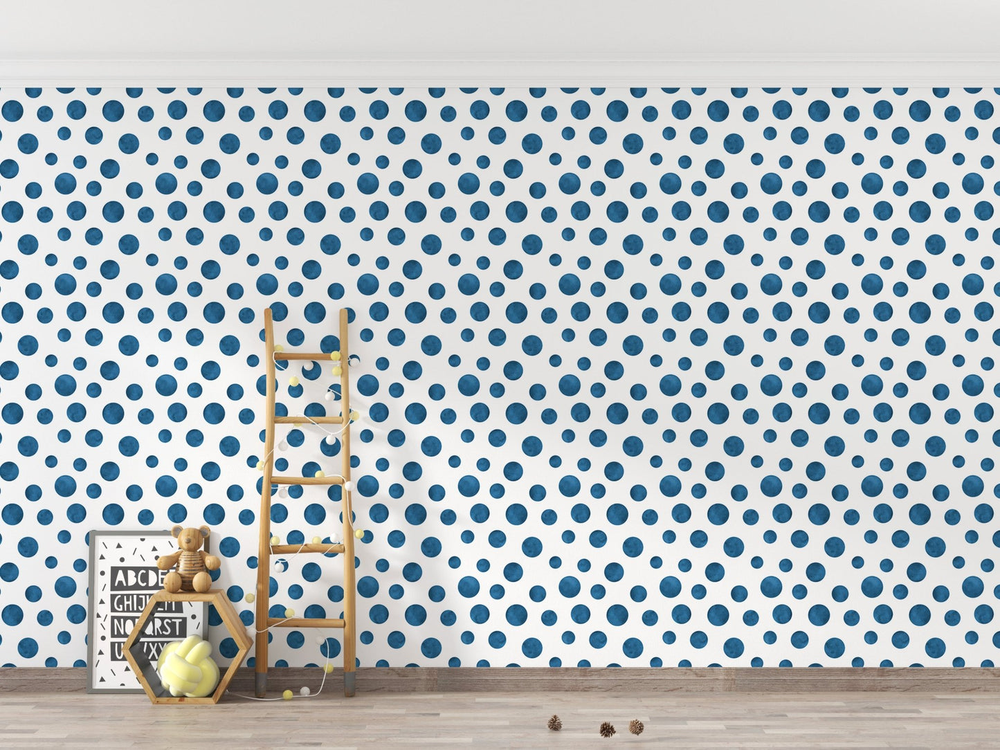 Navy Blue Indigo Watercolor Polka Dots Wallpaper in a playroom with a wooden ladder.