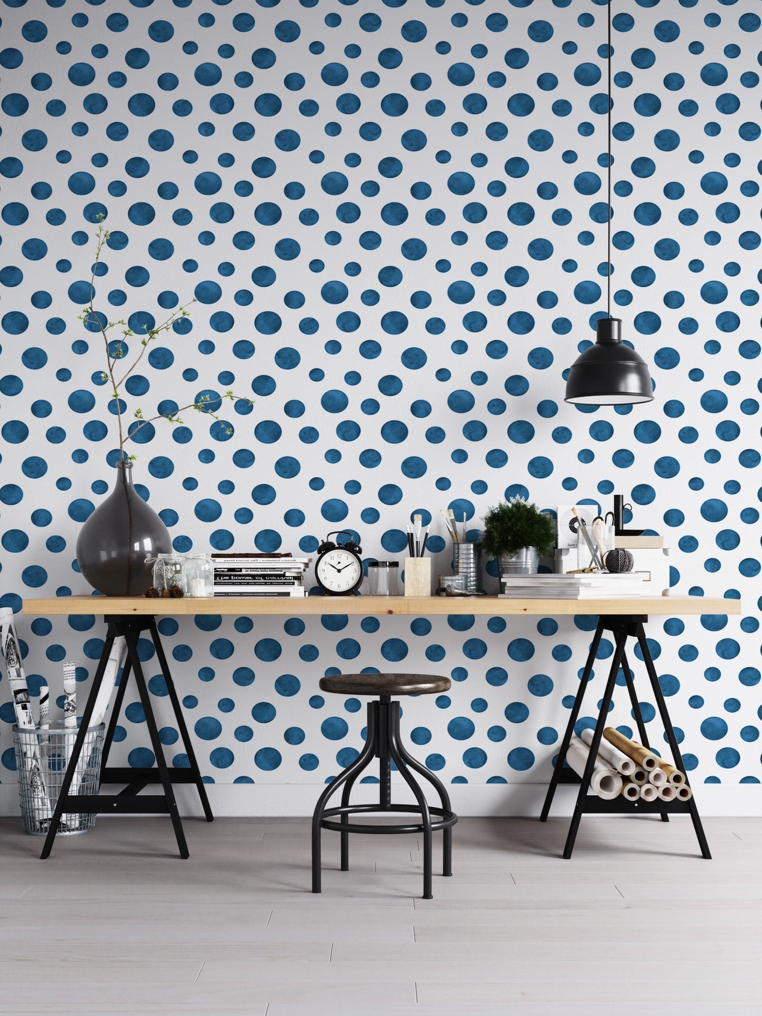 Navy Blue Indigo Watercolor Polka Dots Wallpaper in a home office with a wooden desk.