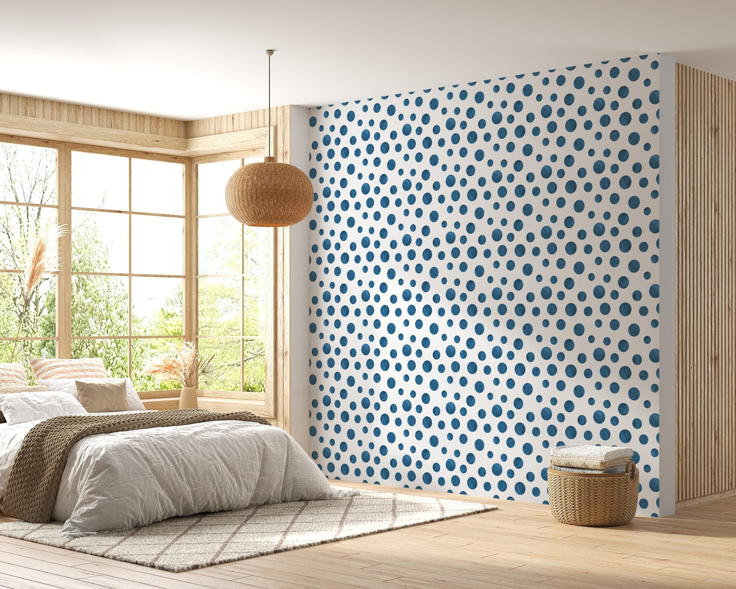 Navy Blue Indigo Watercolor Polka Dots Wallpaper in a bedroom with natural light.