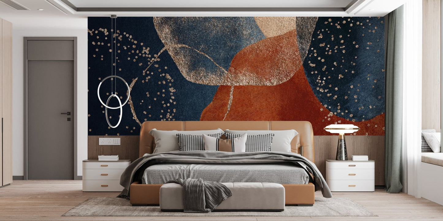 Bedroom showing the Navy Blue Terracotta Watercolor Wall Mural.