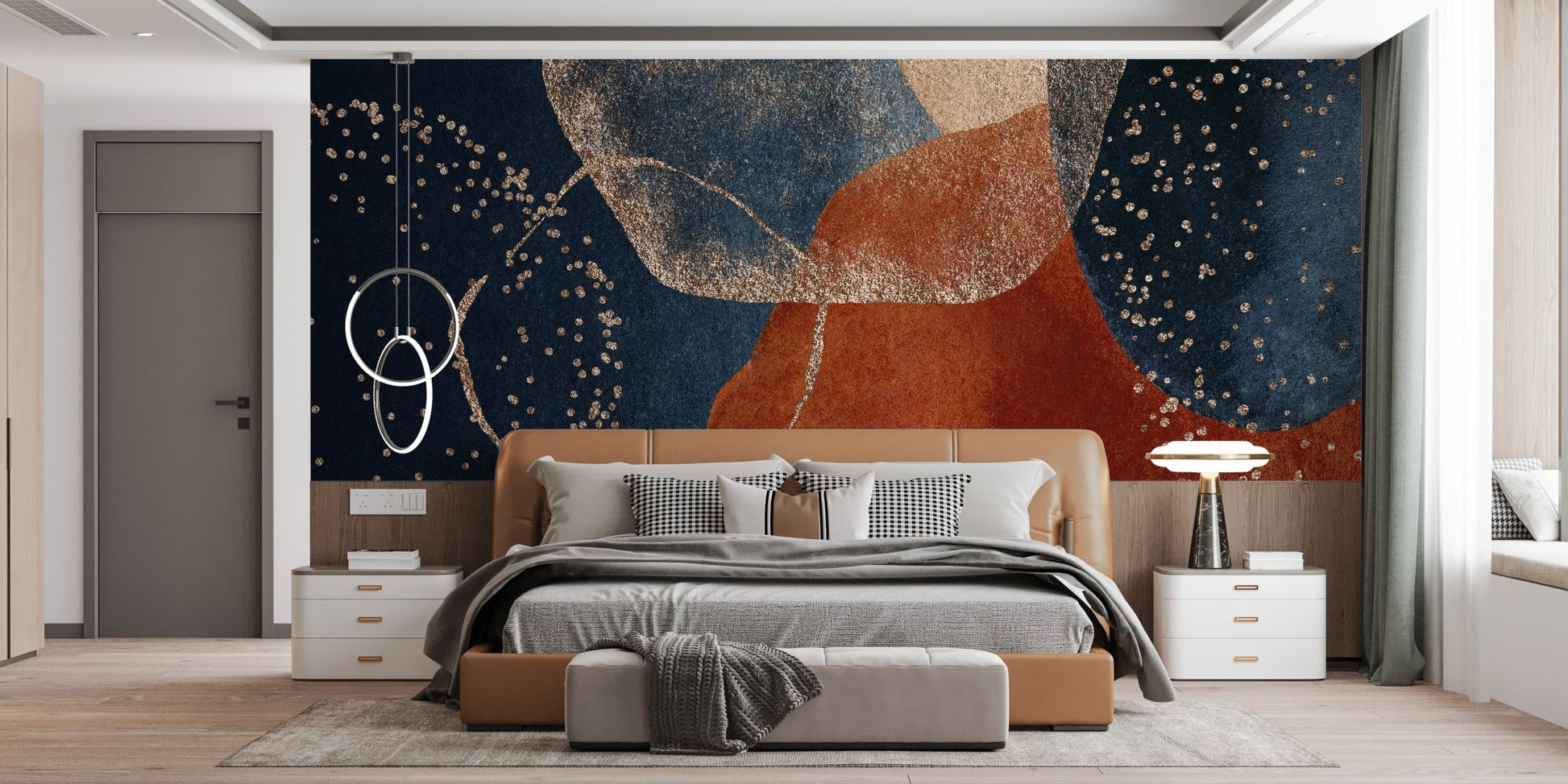 Bedroom showing the Navy Blue Terracotta Watercolor Wall Mural.