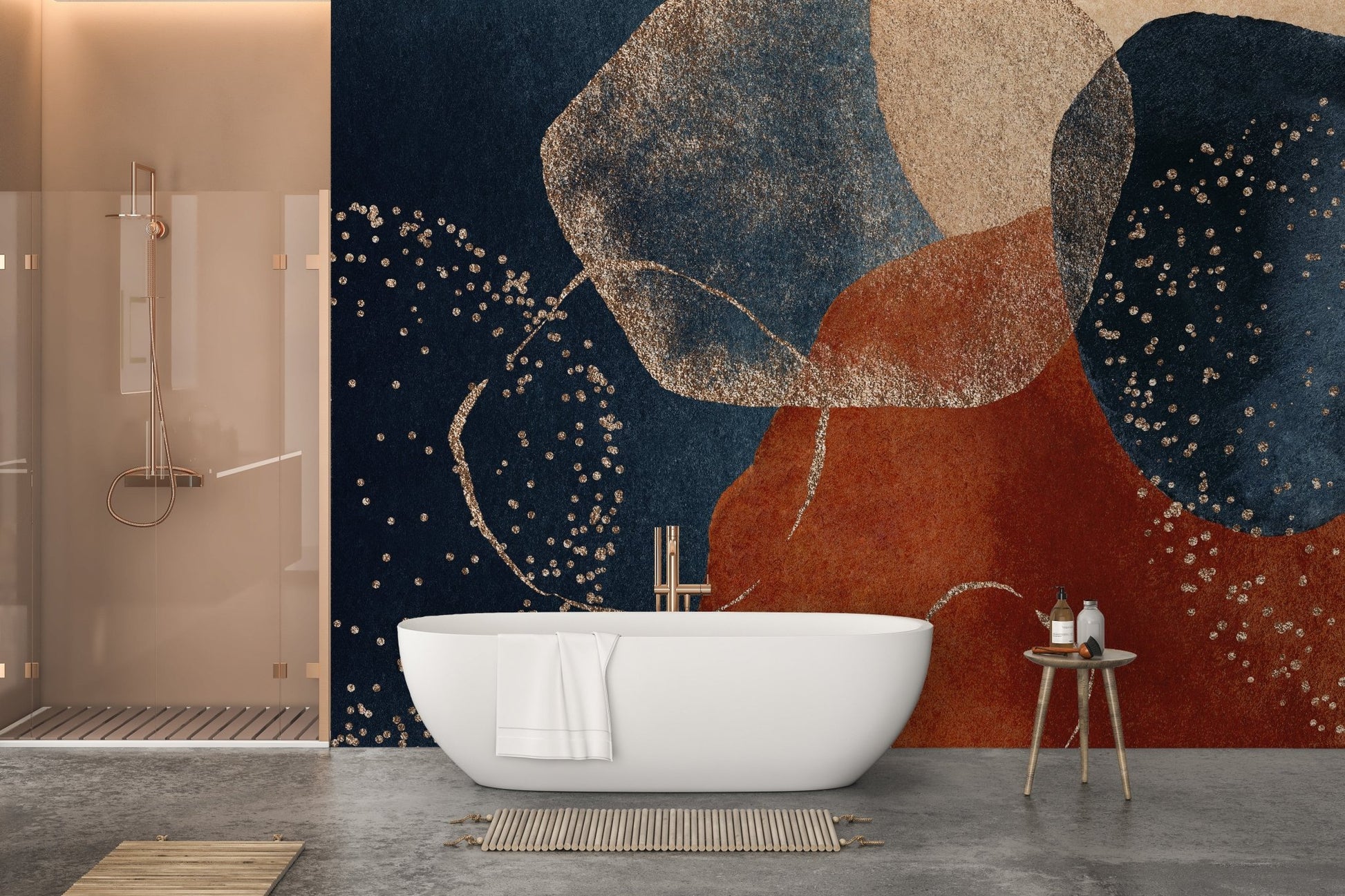 Bathroom interior displaying a patterned blue and rust wall mural.