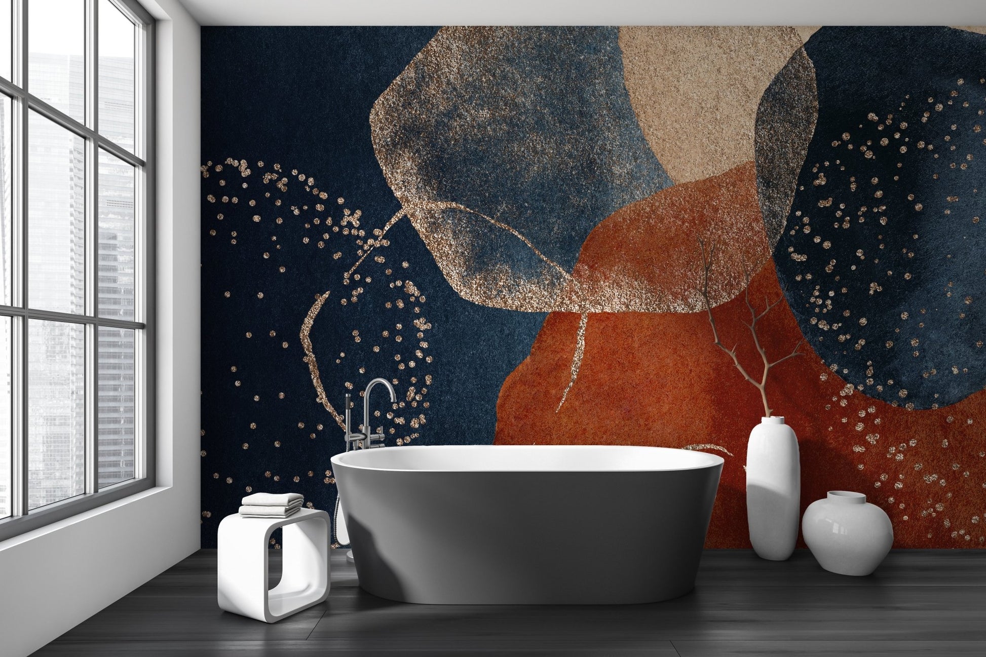 Modern bathroom featuring a dark blue and rust geometric wall mural.