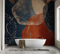 navy and terracotta wall mural backdrop for modern bathroom.