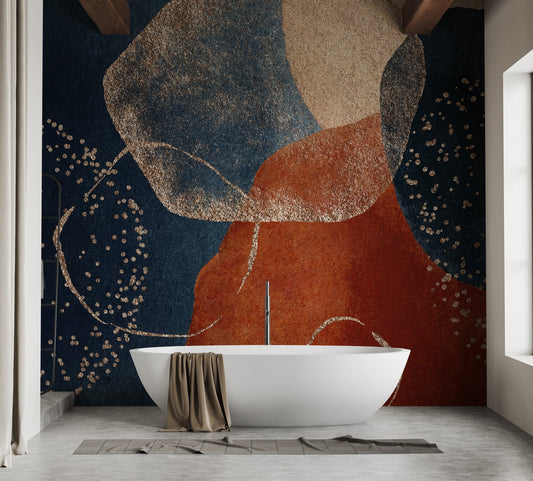 navy and terracotta wall mural backdrop for modern bathroom.