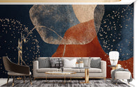 Living room styled with a watercolor abstract wall mural.