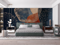 Modern bedroom setup with a watercolor style wall mural.